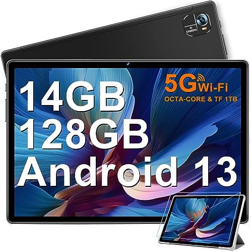 FACETEL Android 13 Tablet 10 Zoll mit 5G WiFi Octa-Core 2.0Ghz Prozessor Ultraschnelles Tablet PC mit 14(6+8) GB RAM + 128GB ROM TF 1TB | 8000mAh | FHD | 5MP+8MP, Tablet mit Case, Schwarz
