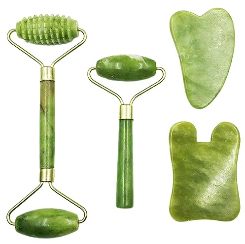 Jade Roller, Jade Roller und Gua Sha Set, 2 Stück Jade Gesichtsroller mit 2 Gua Sha Massagegerät, Natürliche Gesichtsmassage Stein Werkzeuge für Augenschwellungen, Hautstraffung