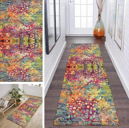 ZDYHMrj Läufer Teppich Lang Flur rutschfest Waschbar 100X400CM Küche Korridor TeppichLäufer für Flur Rosa Boho Schlafzimmer Wohnzimmer Polyester Teppichmatte Dauerhaft, Anpassbar Küchenteppich