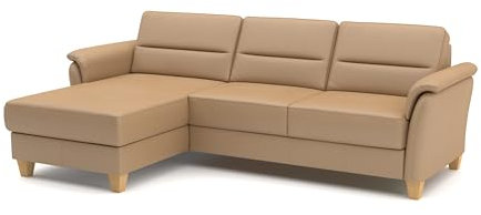 CAVADORE Leder-Eckcouch Palera mit Longchair / Landhaus-Sofa mit Federkern, Bettfunktion + Bettkasten / 244 x 89 x 163 / Leder Beige