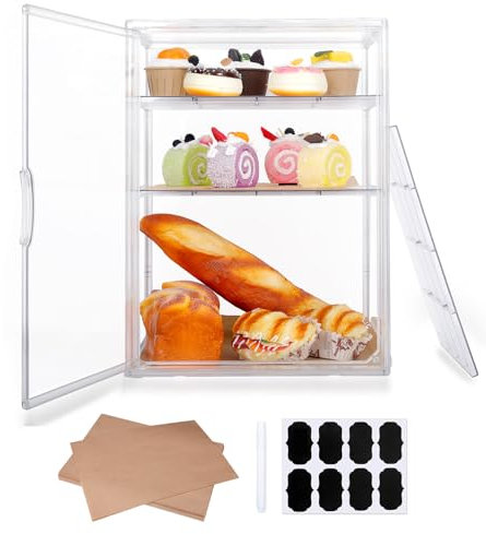 Wuciray Large Clear Bread Bin Large Double Decker Plastic Clear Bread Box Acrylic Bread Storage Containers Large Bread Bin with 50 Bread Paper for Kitchen Countertop Keeps Bread Bagels and Rolls