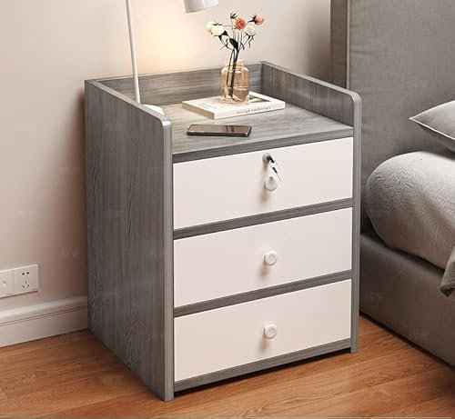THREE Drawer Bedside Table, Modern Simple Locker Drawer with Lock + lticolor Locker Suitable for Rental Rooms, Bedrooms and Other Scenes,Morandi Gray+white