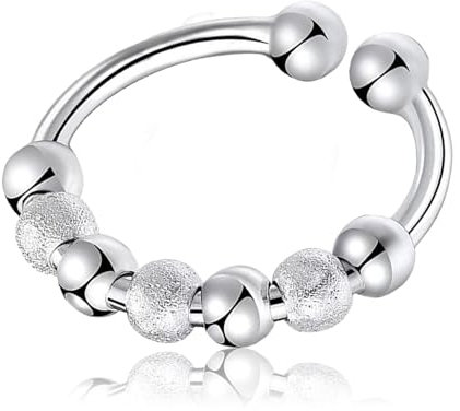 Anxiety Ring Silber,Anti Stress Ringe,Angst Fidget Rings,mit Kugeln Spinner Akkupressurringe,Antistress Entspannung Daumenring,Entspannungsring,fingernägel,Skillring Stressring für Damen (silbrig)