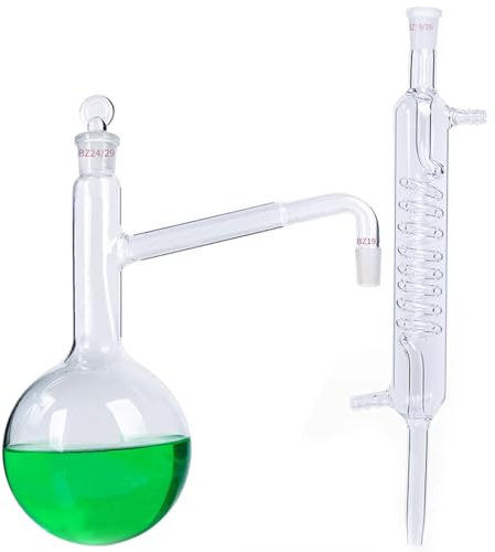 Lab Glass Essential Oil Distilling Flask+Serpentine Condenser Glass Distillation Apparatus Borosilicate Glass Laboratory Grade Glassware Set (500ML)