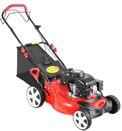 Benzin Rasenmäher mit Antrieb, 4 Takt 140cc Mulchmäher, 51cm Schnittbreite 8 Gang Höhenverstellung, 4000W 2800rpm Benzinrasenmäher, 60L Kapazität des Auffangbehälters, 1.6L Kraftstofftank-Kapazität
