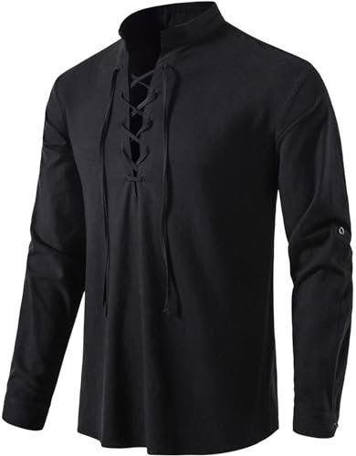 Leinenhemd Herren Langarm Freizeithemd Herren Mitteralterhemd Herren Universal Fit Herren-Kostüm mit Schnürung, Baumwolle, mittelalterliches Vintage-Kostüm
