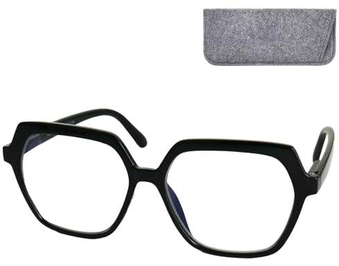 Mini Brille Lesebrille mit Filz-Etui, Sechseckig Oversize für Damen | Große geometrische Damen-Lesehilfe mit klarer Nahsicht, markantem Vollrand-Design und Etui für unterwegs