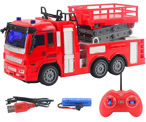 Mayueri Voitures Jouets De Camion De Pompiers TéLéCommandéEs avec LumièRes LED Et Sons, Plate-Forme De Levage, Quatre Roues Motrices (Camion de Pompier télécommandé (Plateforme élévatrice))
