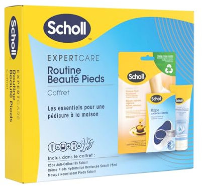 Scholl Routine Beauté Pieds - Coffret comprenant un masque pour pieds nourrissant au miel de manuka, un râpe anti-callosités technologie Nano-Verre et une crème pieds hydratation renforcée 75ml