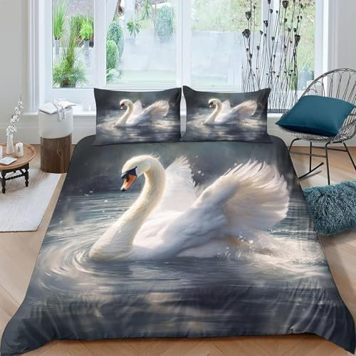 3D Bettwäsche-Set - 3-Teiliges Bettwäsche-Set Tierschwan 155X200 cm - Bequeme 100% Mikrofaser Mit Reißverschluss, 1 Bettbezug + 2 Kissenbezüge Hypoallergen Weich Und Glatt Prinzessinnen -286W618O930Y