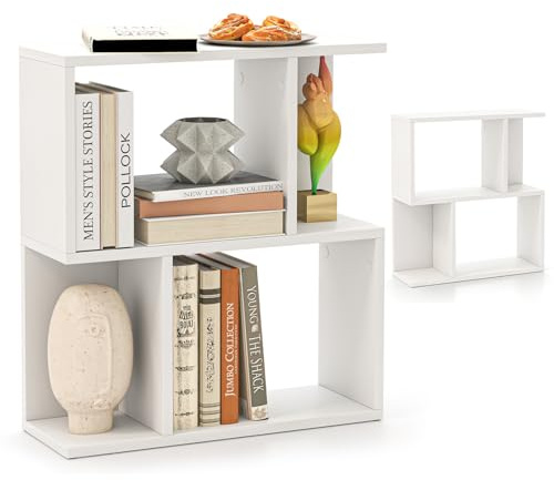 LIFEZEAL Tavolino da Divano, Tavolino Laterale da Salotto, a Forma di S, Bianco, Libreria a 3 Ripiani, Scomparti Aperti, Combinazione Libera, Salvaspazio, Moderno, per Soggiorno, 50x17,5x55,5cm