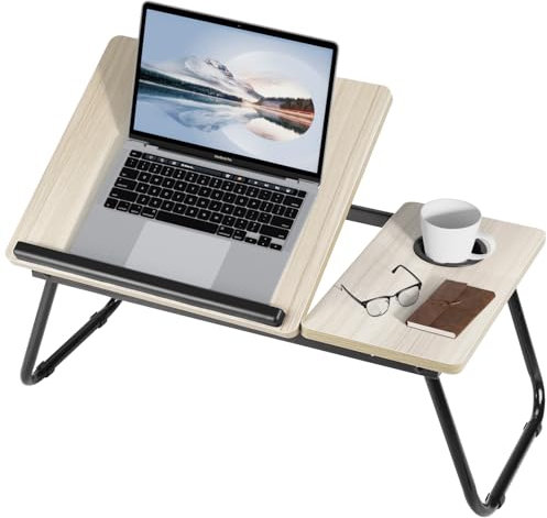 Warmiehomy Laptop Table, Foldable Laptop Bed Table, Five Adjustable Angles Laptop Desk with Cup Holder, Laptop Tray with Legs for Bed Sofa Breakfast Work Study Reading, Beige