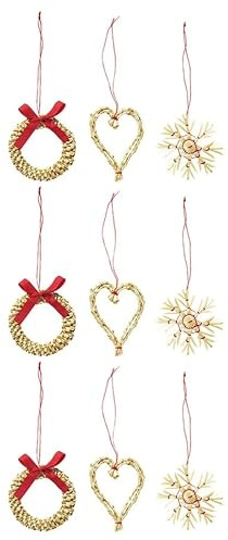 Fakhri VINTERFINT Tree Ornament Set of 9 Straw | Rustic Festive Christmas Decorations for Tree, Wreaths & Holiday Décor