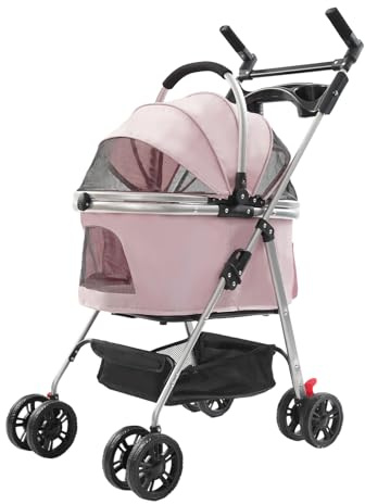 Hundewagen 3 in 1 Hundebuggy Bis 12kg, Klappbar Katzenwagen mit Abnehmbarer Transporttasche und Ablagekorb, Faltbarer Haustierwagen Hundebox für Kleine Hunde (Sakura-Pink)