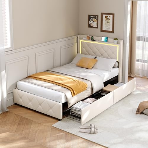 BHFFTHK Polsterbett 90x200 cm mit LED, Einzelbett Jugendbett mit Stauraum 2 Schubladen,USB Typ C & LED Kopfteil,Bettgestell 90X200 mit Lattenrost aus Holz,Samt, Beige, Ohne Matratze