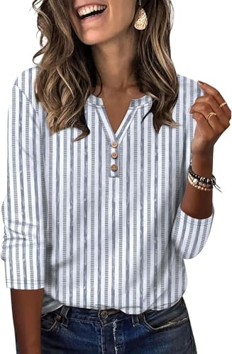 Aokosor Womens 3/4 Sleeve Tops Ladies Blouse V Neck Tunic Long Sleeve T Shirts Curved Hem Office Wear