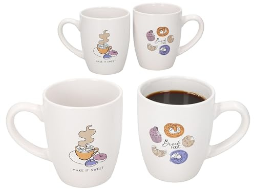 MamboCat Bakery 4er Set Kaffeebecher 300ml I Becher mit Henkel aus Porzellan I 2 Motiven - 2x Breakfast & 2x Make it Sweet I Tassen für Kaffee Latte Macchiato Tee Kakao & Co