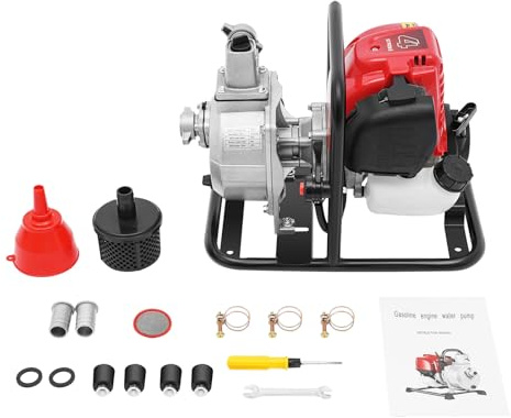 OUKANING Benzin Wasserpumpe 38cc 1.2KW Hochdruck Tauchpumpe 135L/min Max. Förderhöhe 30m, mit Rückstartsystem, 4-Takt Motor, für Landwirtschaft, Bewässerung, Entwässerung, Feuerlöschung