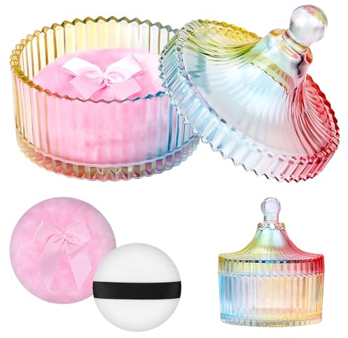 Homgaty Glass Body Powder Container and Puffs - Dusting Powder Container with Puff for Body & Talcum, Multi-Use Decorative Storage Jar for Vanity, Jewelry, Candy, 10cm Crystal Cup (Dazzling)