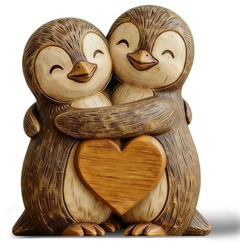 Fychuo Holzdeko Pinguin, 2D Umarmende Pinguin Figuren mit Holzherz als Wohnzimmer Deko (20x18cm), Pinguin Geschenk für Hochzeit & Jahrestag, Tischdekoration für Zuhause
