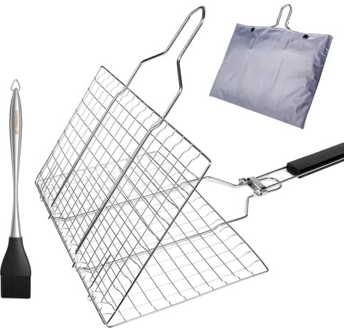 Uong Barbecue Grilling Basket, Portable Stainless Steel Grill Basket Folding BBQ Grill Net BBQ Accessories with Wooden Handle for Roast Fish Vegetable Shrimp Seafood (32 * 32CM)