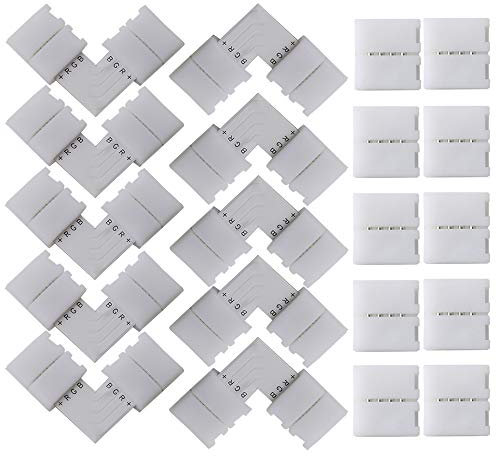 QitinDasen 20Pcs Professionell 4 Polig LED Lichtstreifen Schnellverbinder Set, L-Form Eckverbinder & Lückenlose Steckverbinder, 10mm Nicht-Wasserfest RGB LED Lötfrei Steckverbinder