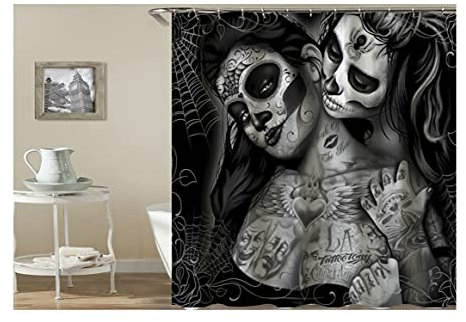 KnSam Duschvorhang Anti-Schimmel Wasserdicht Vorhänge an Badewanne Bad Vorhang für Badezimmer Gothic Totenkopf Tattoo Frauen 100% PEVA inkl. 12 Duschvorhangringen 150 x 200 cm