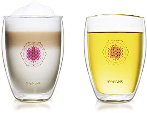 Creano doppelwandiges Tee-Glas, Latte Macchiato, Thermobecher Blume des Lebens | 250ml, in exklusiver Geschenkbox 2er Set