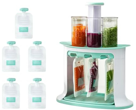 Felenny Squeeze Station für selbstgemachte Babynahrung, Beutelfüllstation mit 5 wiederverwendbaren Beuteln für Babys Kleinkinder squeeze station，Smoothie Fruchtsaft Food Maker