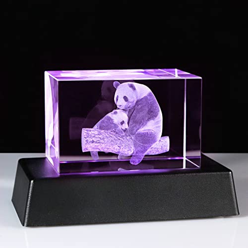 Figurines de collection en cristal K9 en forme de pandas 3D gravées - Cadeau d'anniversaire pour maman - Décoration en verre avec lumière LED