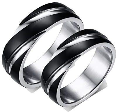 Gualiy Ring Paar Set, Verlobungsring Edelstahl Schwarzer Silberring 6mm, Damen 49 (15.6) & Herren 57 (18.1)