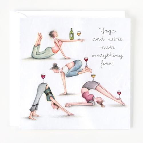 Berni Parker Yoga Birthday Card - Yoga and wine make everything fine