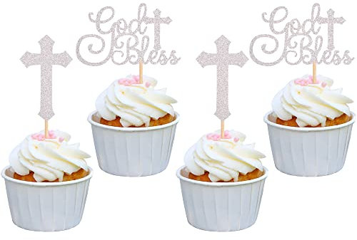 Xsstarmi 24 PCS God Bless and Cross Cupcake Toppers Glitter Baptism Cross Cupcake Picks for God Christian Baptism Theme Birthday Party Cake Decorations Supplies Silver