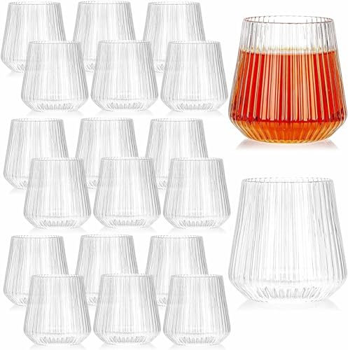 Tebery 20 Lot de verres à vin striés en plastique de 14oz, 420ml Origami Style Ridged Drinking Glasses Tumbler, Réutilisable Vintage Stemless Cups for Champagne, Catering, Weddings