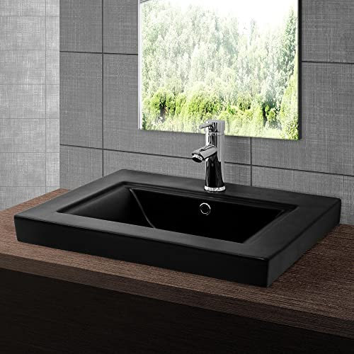 ML-Design Waschbecken aus Keramik Schwarz matt 61x46,5x15,5 cm Eckig, Einbauwaschbecken mit Hahnloch und Überlauf, Aufsatzwaschbecken Einbauwaschtisch Waschschale Handwaschbecken, für das Badezimmer