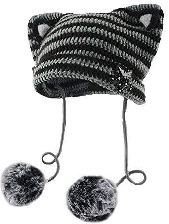 QINSHUI Womens Grunge Beanies Crochet Knitted Hats,Fairy Grunge Crochet Hats,Girls Fox Cat Ear Y2K Alt Headwear Accessories (C)