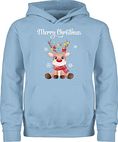 Kinder Hoodie Jungen Mädchen - Weihnachten - Merry Christmas süßes Rentier | Rudolph Elch Rudolf - 152 (12/13 Jahre) - Hellblau - weihnachtspulli Kind weihnachtsmotiv Schneeflocken Pulli