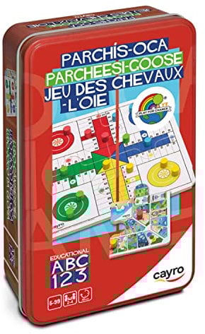 Cayro - Parchís y Oca - + 5 Años - Caja Metálica - Juego Divertido de Mesa para Niños y Adultos - Tablero, Cubiletes y Fichas de Madera - 2 a 4 Jugadores