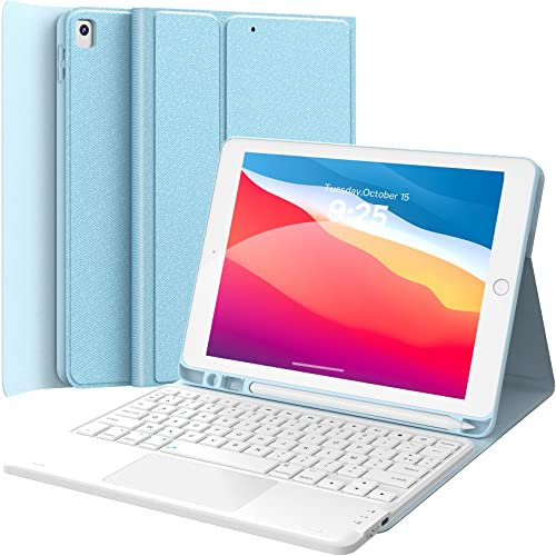 Earto Clavier 9eme Generation, Coque Clavier 9e/8e/7e Generation AZERTY, Smart Touchpad 10.2, Détachable sans Fil avec Porte-Crayon Air 3/ Pro 10.5, Bleu