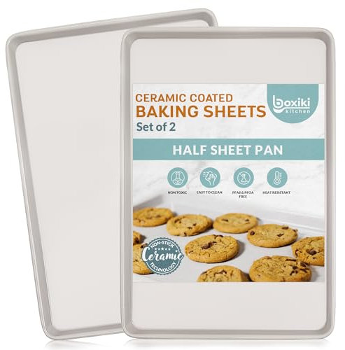 Non-Stick Ceramic Baking Sheet/Cookie Sheet - Set of 2, Durable and Easy to Clean Baking Pans for Kitchen-Dishwasher and Freezer Safe, PFAS-Free (Half Sheet Pan)