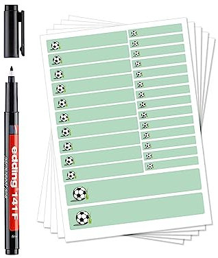130 Stück Namensaufkleber zum Selbstbeschriften (Motiv Fussball/Grün) incl. Stift Set-Bögen Mini/Mittel/Groß/Wasserfest/Kratzfest für Innen und Außen