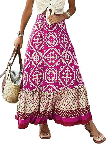 EARKOHA 2024 Damen-Maxirock, lässig, fließend, Vintage, A-Linie, Tribal-Pint-Rock, elastischer Bund, langer Strandrock, Tribal-Print Rose, Klein