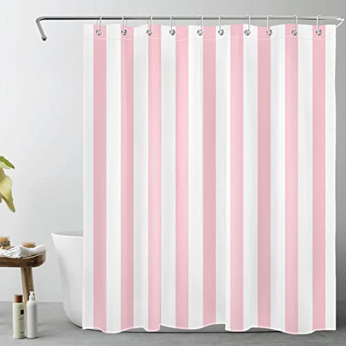 LB Rayures Roses et Blanches Rideaux de Douche 150x180cm Art géométrique Simple Rideaux de Bain avec Crochets, Minimaliste Court Imperméable Polyester Anti Moule Salle de Bain Décor