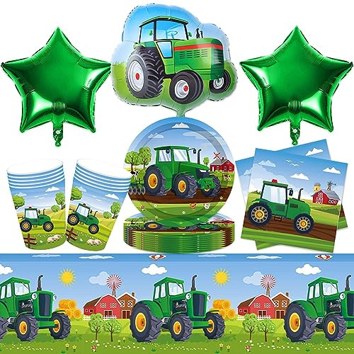 Traktor Partygeschirr Kindergeburtstag, 40 Stück Traktor Party Zubehör, Teller Tassen Servietten Tischdecke Luftballons, Traktor Party Zubehör Geschirr Set für 8 Gäste, Kindergeburtstag Geschirr Set