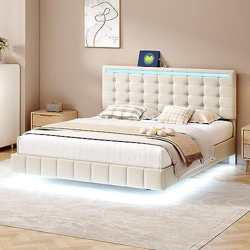 FEZTOY Polsterbett 160 x 200 cm, Bett Schwebebettrahmen mit LED-Leuchten und 2 USB Anschlüsse, Doppelbett, Gästebett in hautfreundlichem Leinen, Ohne Matratze (160x200, Beige)