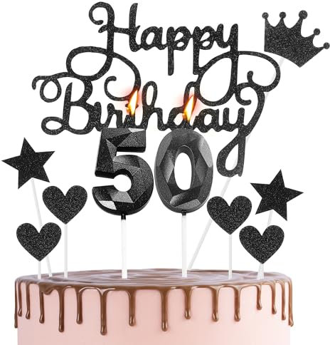 Happy 50th Birthday Cake Topper & Black Number 50 Candles - 50th Birthday Candles for Cake & Cupcakes