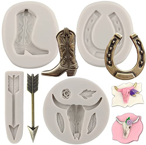 MYPRACS Stierkopf Silikonformen Hufeisen Fondantform Cowboystiefel Feder Pfeil Schokoladenformen für Tortendekoration Cupcake Topper Polymer Ton Süßigkeiten Schokolade Gummipaste Set von 4