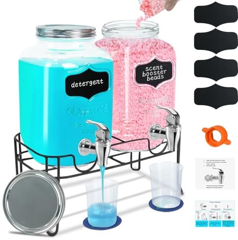 TRBIHCX 2-Pack 1.25 Gallon Glass Laundry Detergent Dispensers with Faucets - Effortless Pouring, Screw Lid, Stand, Rubber Drip Mats - Laundry Room Upgrade for Fabric Softener, Liquid Detergent