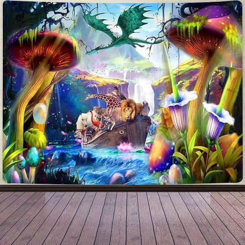 FENDROM Wandteppich mit afrikanischen Tieren im Wunderland, tropischer Wald, 3D-Druck, Dschungel, Fluss, Fantasie, Pilz, Wandbehang für Schlafzimmer, Wohnzimmer, Wohnheim