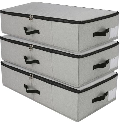 Unterbettkommode 3 Stück mit Verstärkten Griff, Unterbett Aufbewahrungsbox für Bettdecken Kleidung Kissen Decken Unterbett Aufbewahrung Organizer, Schuhe, Spielzeug, Decke, Dunkelgrau